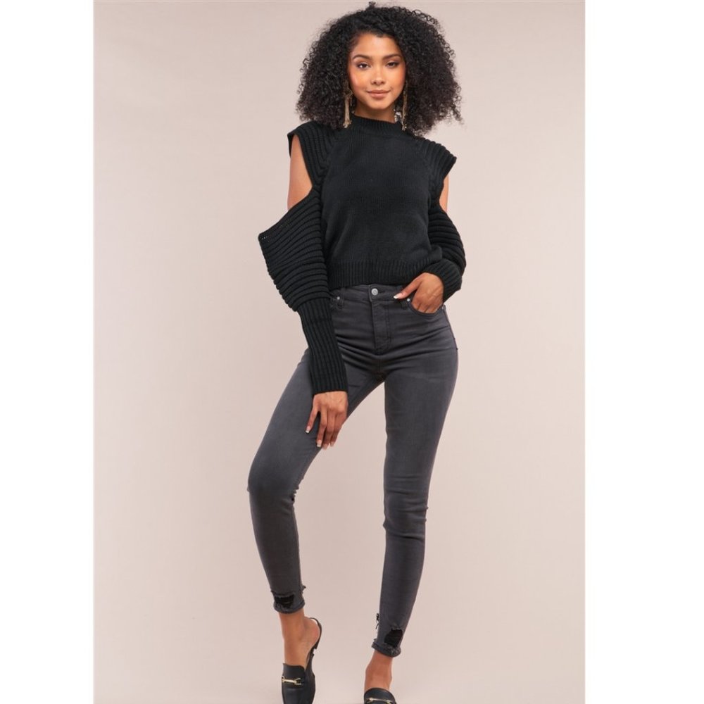 Black Cut Out Sleeve Knit Sweater NWT - Picture 2 of 6